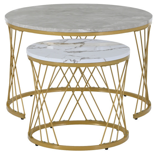 Weißer  runder Couchtisch mit eleganten goldenen Metallfüßen