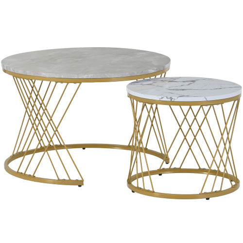 Weißer  runder Couchtisch mit eleganten goldenen Metallfüßen
