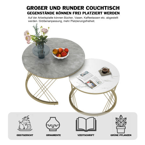 Weißer  runder Couchtisch mit eleganten goldenen Metallfüßen