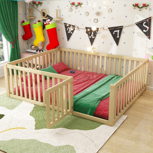 Kinderbett 140 X 200  Holzboden Bettrahmen Mit Zaun und Tür
